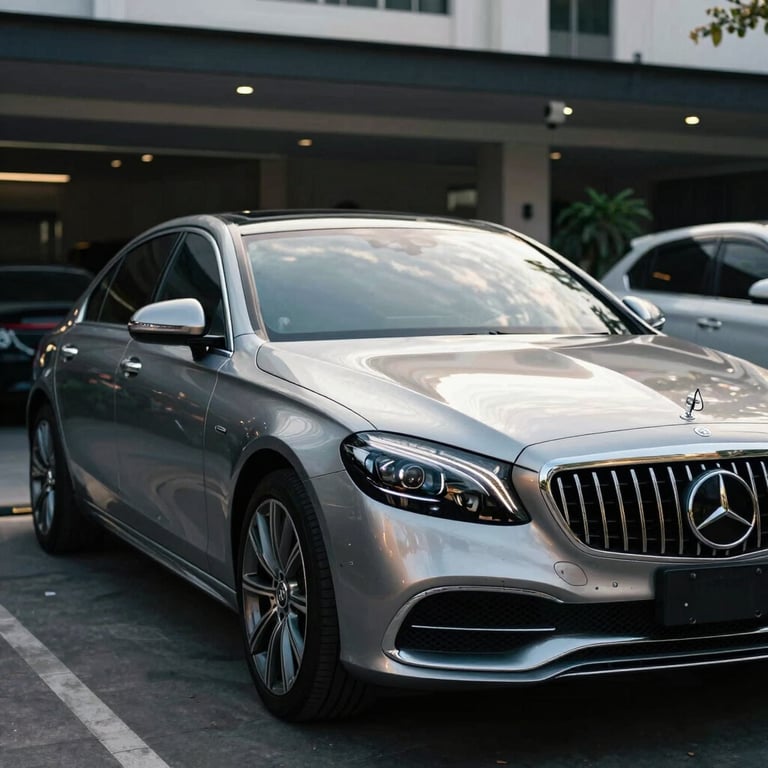 A luxury car in a modern driveway in a Southeast Asian / Thai urban setting, morning sunlight, reflecting security.