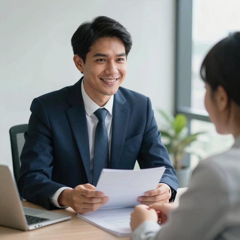 A professional advisor and a client in a modern Southeast Asian / Thai office setting, soft natural light, Deep Blue and Mist White accents.