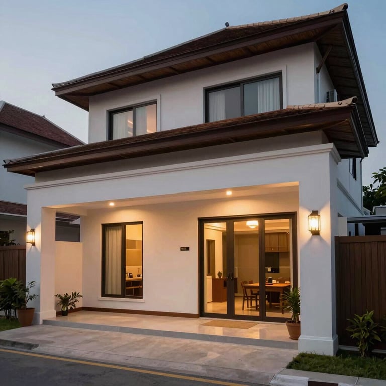 Exterior of a contemporary Southeast Asian / Thai residence with a clean, modern design, dusk lighting, elegant shadows.