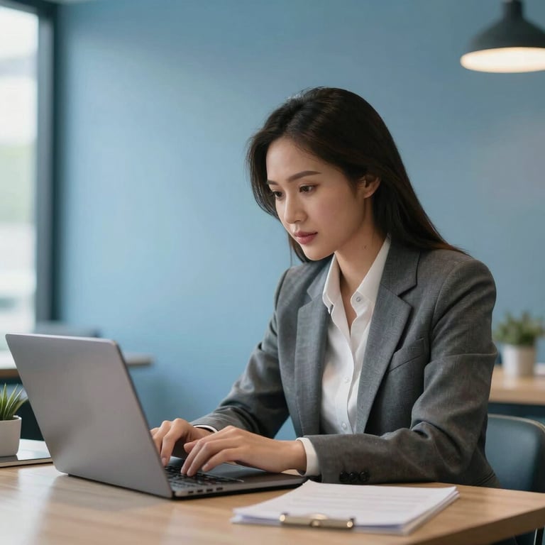 A professional advisor using a laptop in a bright Southeast Asian / Thai co-working space, Soft Steel Blue interior details.