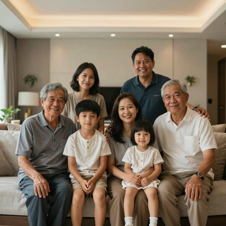 A happy multi-generational family in a modern Southeast Asian / Thai home, warm lighting, relaxed atmosphere.