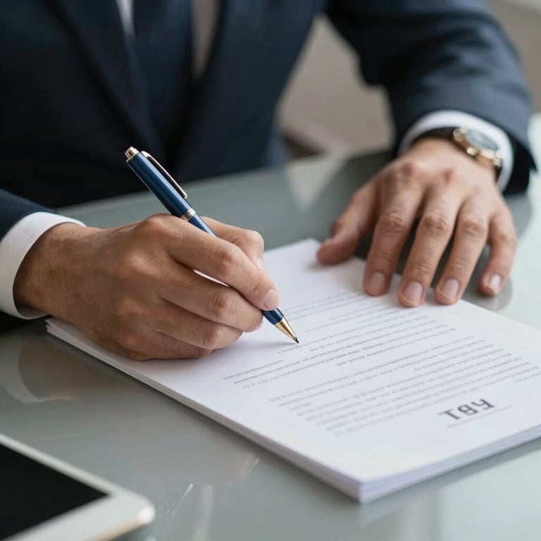 Close-up of professional hands signing a document on a sleek desk, Slate Blue pens, sophisticated environment.
