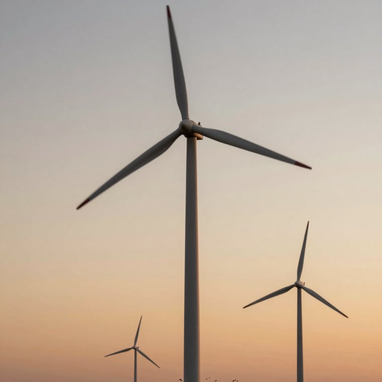 Wind turbines on a clean horizon at sunset, professional photography demonstrating renewable energy, featuring #1A2D2A.
