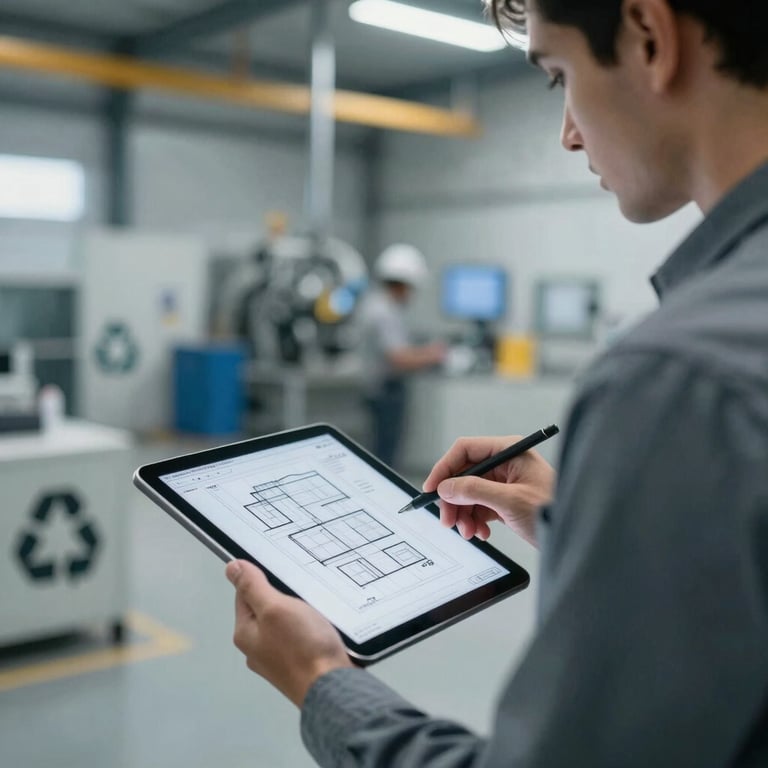 Industrial engineer reviewing digital blueprints on a tablet near a clean recycling plant, modern style, #F7F9F6 tones.