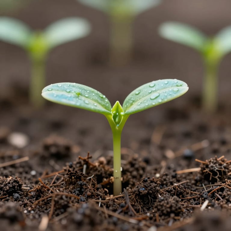 Macro shot of a healthy sprout growing from fertile soil, representing sustainable growth, with accents of #A8C6B1.