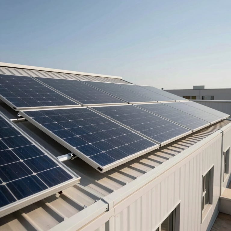 Solar panel installation on a modern roof under a clear sky, clean industrial style, featuring #1A2D2A.