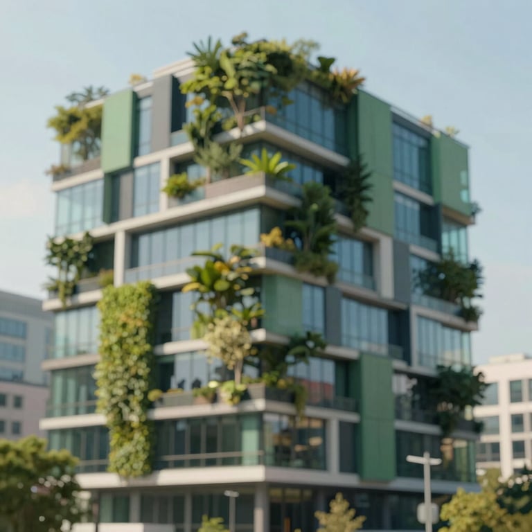 A modern corporate office building with a vertical garden, showcasing sustainable architecture, including shades of #3C6B5E.