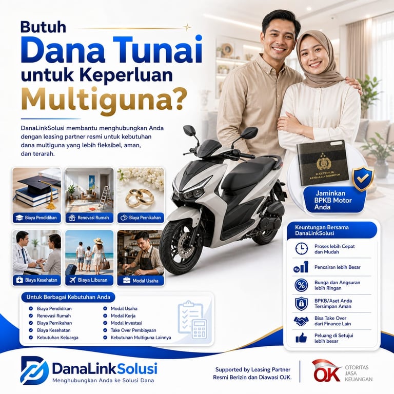 Poster pinjaman dana tunai jaminan BPKB motor DanaLinkSolusi untuk biaya pendidikan, modal usaha, dan renovasi rumah.