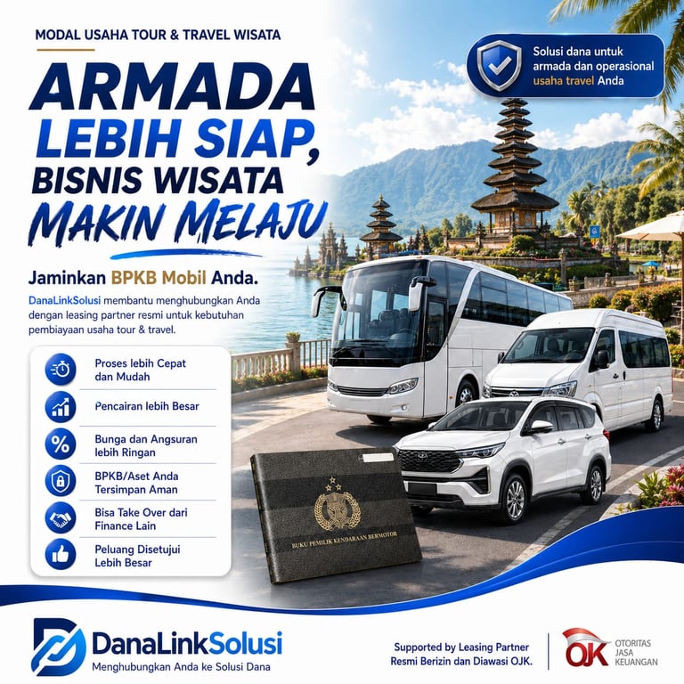 Iklan pinjaman modal usaha tour dan travel dengan jaminan BPKB mobil untuk pembiayaan armada bus dan minibus.