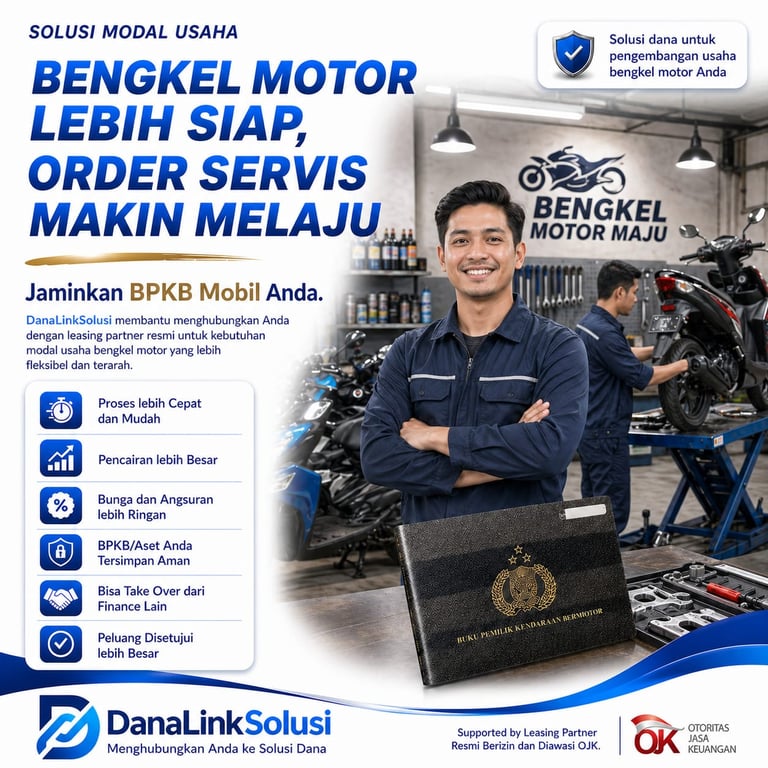 A smiling mechanic in a workshop promoting business capital solutions for motorcycle workshops using vehicle BPKB collateral.