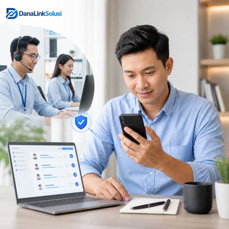 Professional man using a secure mobile banking app with DanaLink Solusi customer service support.