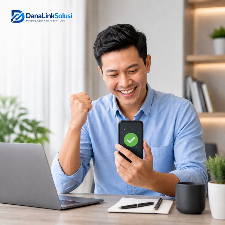 Happy man celebrating a successful financial transaction on his mobile phone with DanaLink Solusi.
