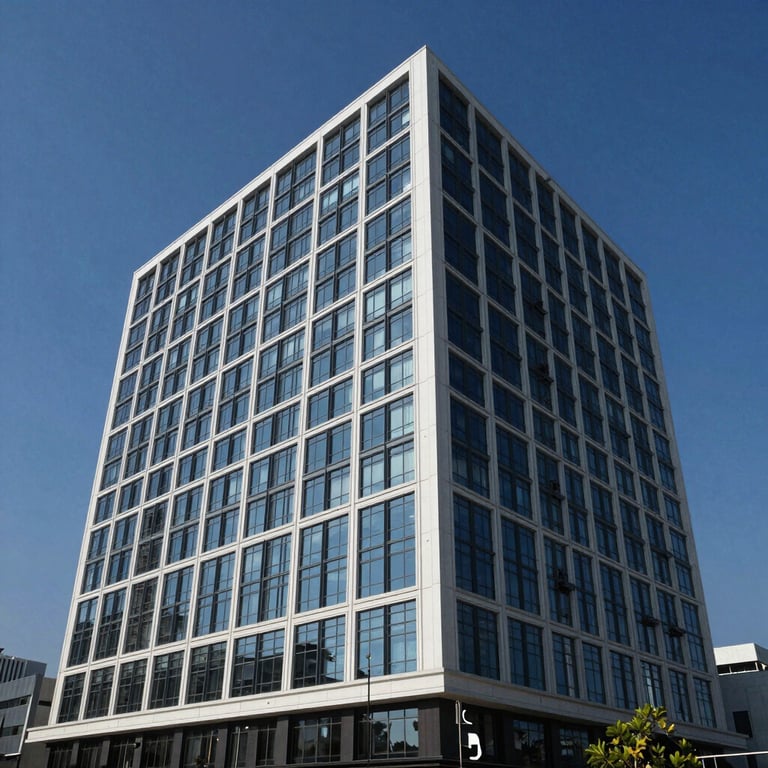 An architectural shot of a modern corporate headquarters in a South Asian / Indian city, featuring clean lines and reflecting Deep Slate Blue sky tones.