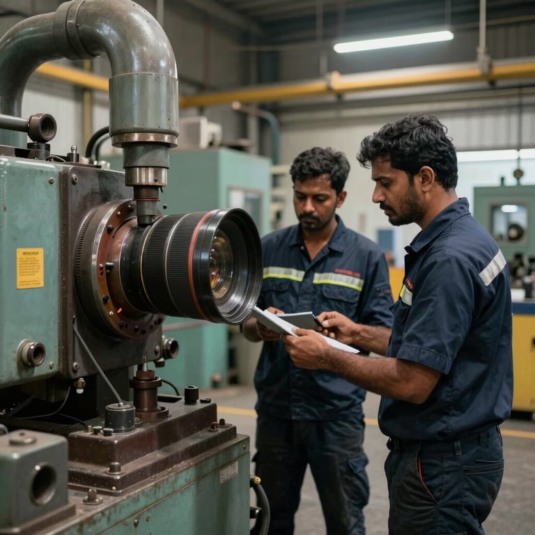 A maintenance crew in professional Dark Midnight Navy gear performing a safety check on heavy machinery in a South Asian / Indian industrial facility.