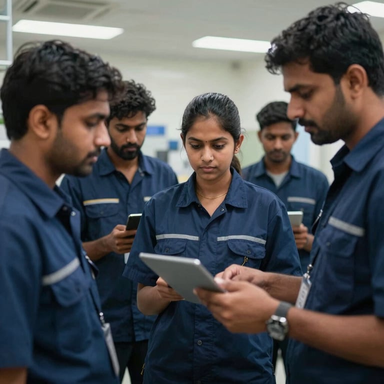 A group of diverse technicians in a South Asian / Indian manufacturing plant, wearing clean, professional workwear in Deep Slate Blue.