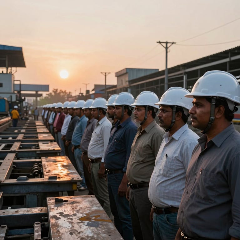 A organized row of industrial workers in safety helmets during a morning briefing at a South Asian / Indian steel mill under the rising sun.
