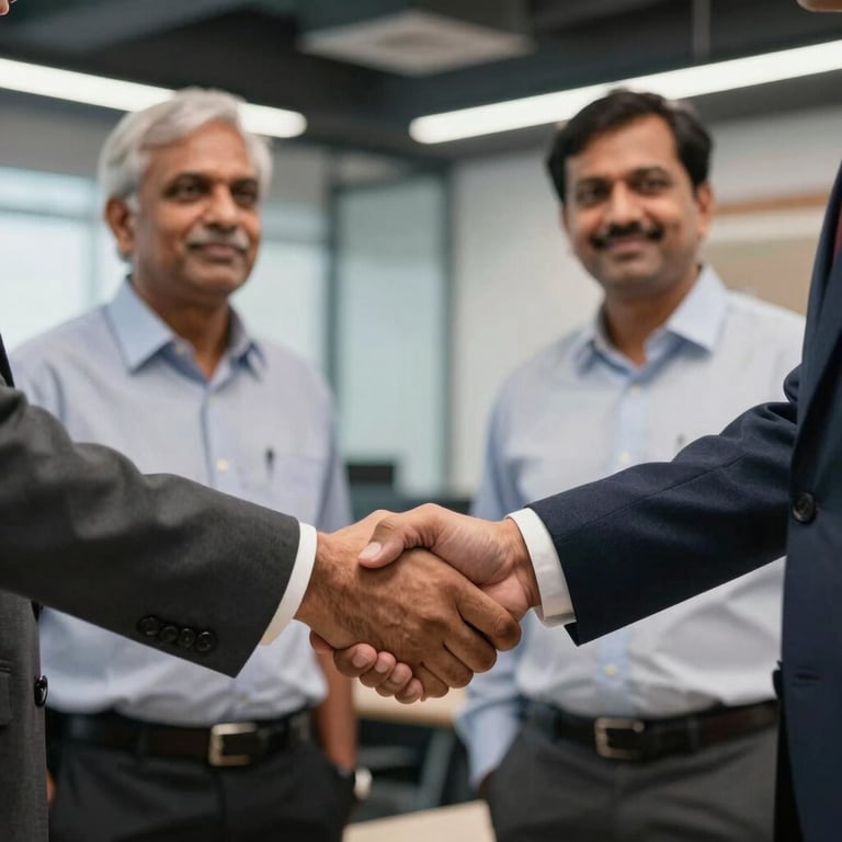 Close-up of a professional handshake between a corporate executive and a PSU site manager in a South Asian / Indian office setting with modern industrial decor.