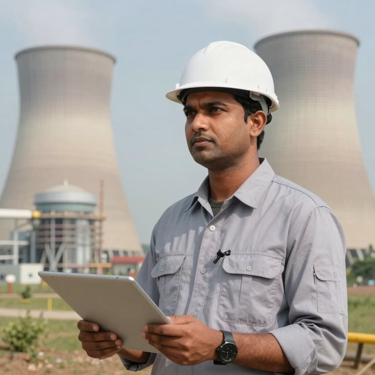 A South Asian / Indian site supervisor in a Soft Cloud Grey uniform overseeing operations at a large thermal power station with a focused, professional expression.