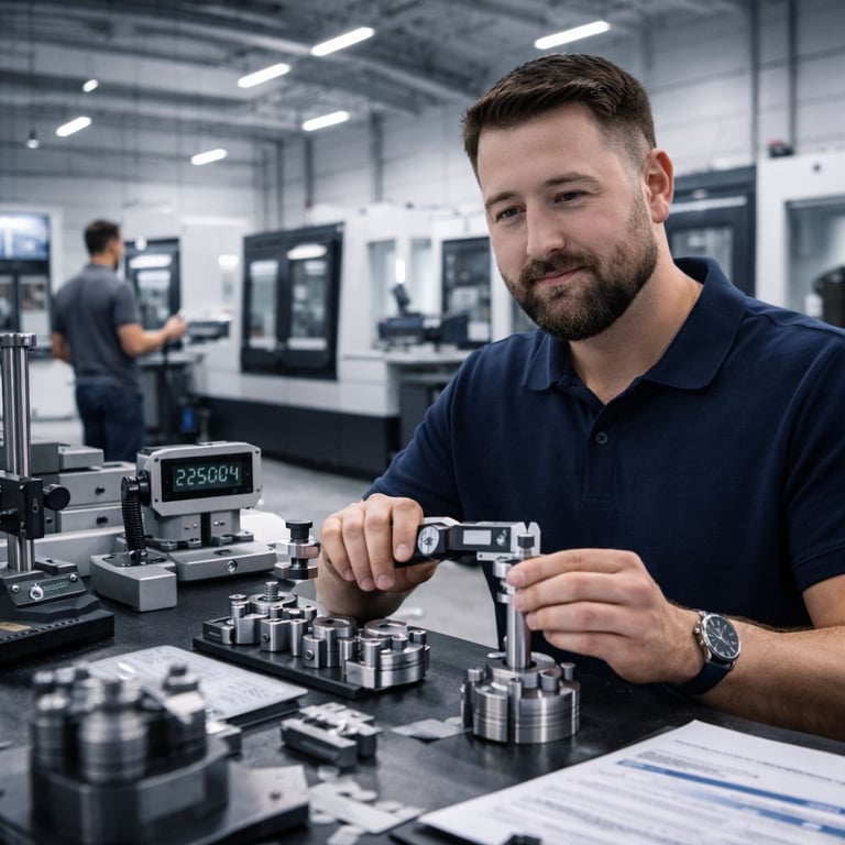 Precision engineer using a digital caliper for quality control inspection of CNC machined parts.