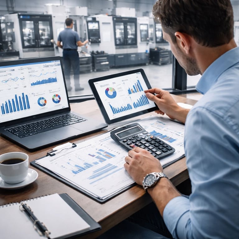 A production manager analyzes manufacturing data analytics on a tablet and laptop in a modern factory setting.