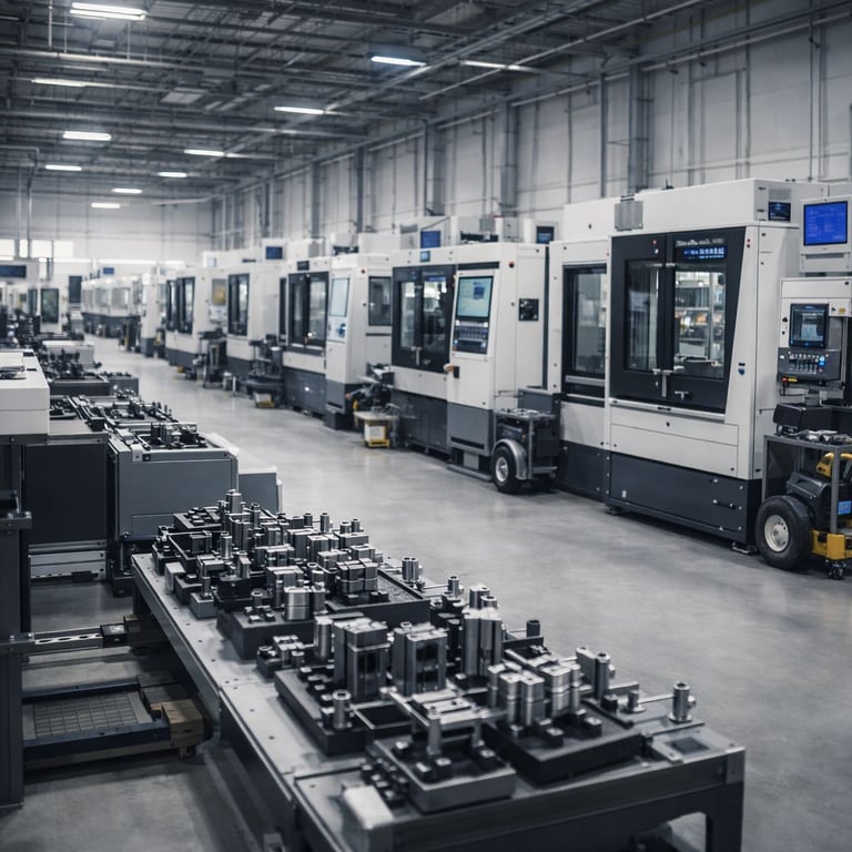 Precision CNC milling machines in a modern industrial manufacturing facility with metal parts.
