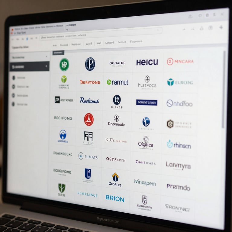 A computer screen displaying a clean, professional database of registered brand logos and names.