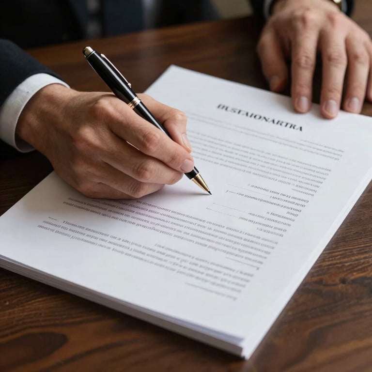 A detailed shot of a hand signing a legal document on a dark wood desk with a high-end pen.