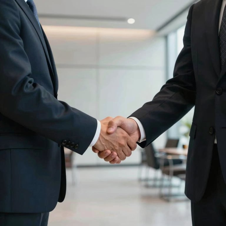 Two professionals shaking hands in a minimalist lobby, conveying trust and a successful legal agreement.