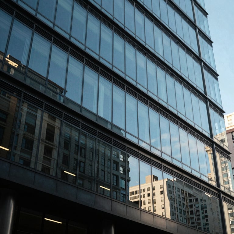 A modern office building facade with large glass panels reflecting a blue sky in a Hispanic business district.