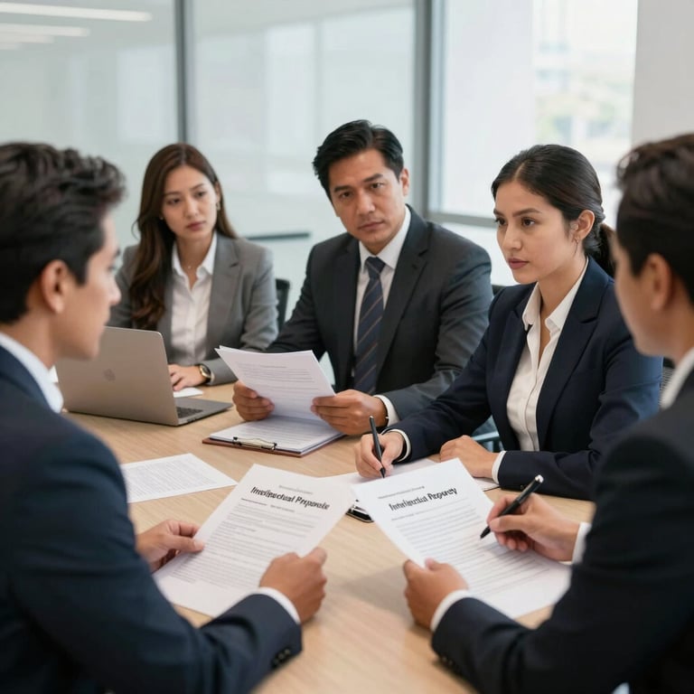 A group of Hispanic legal professionals in a professional meeting, discussing intellectual property documents in a bright office.