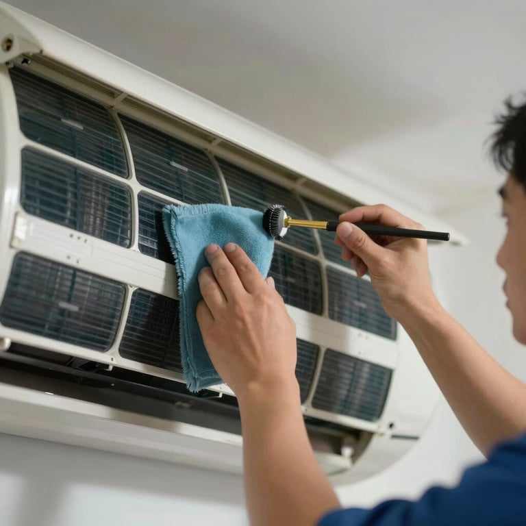Detailed shot of a technician cleaning air conditioner filters for maintenance.