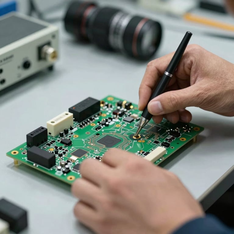 Hands of a technician repairing a television circuit board on a clean workbench.