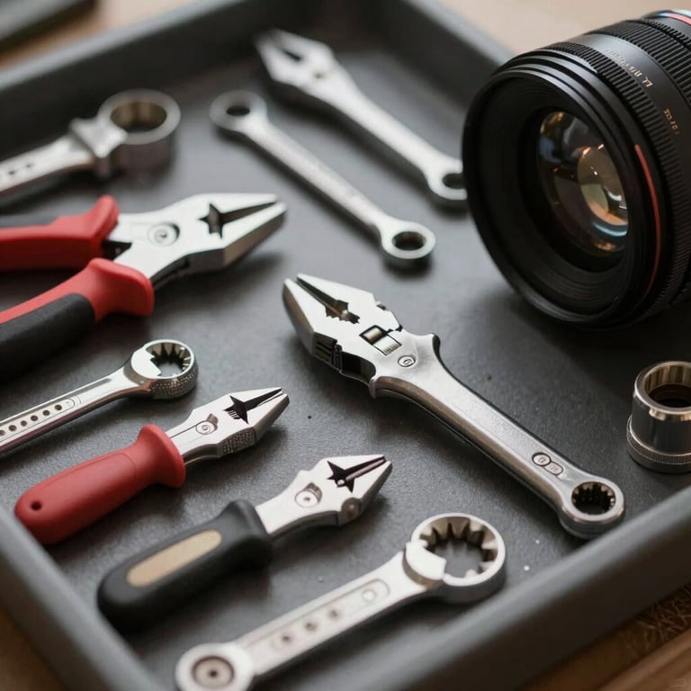 Close-up of organized high-quality repair tools in a professional toolkit.