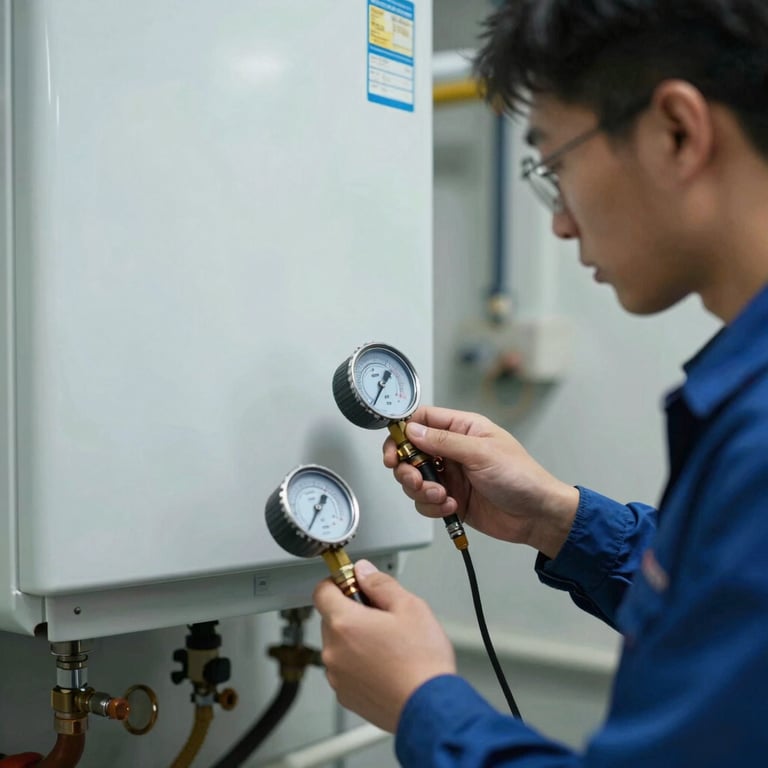 A professional technician inspecting a gas boiler (kombi) with a digital gauge.