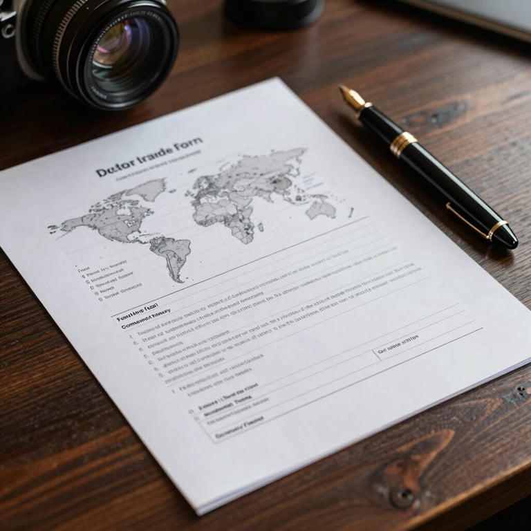 A detailed shot of a global trade document on a dark wood desk next to an elegant fountain pen.