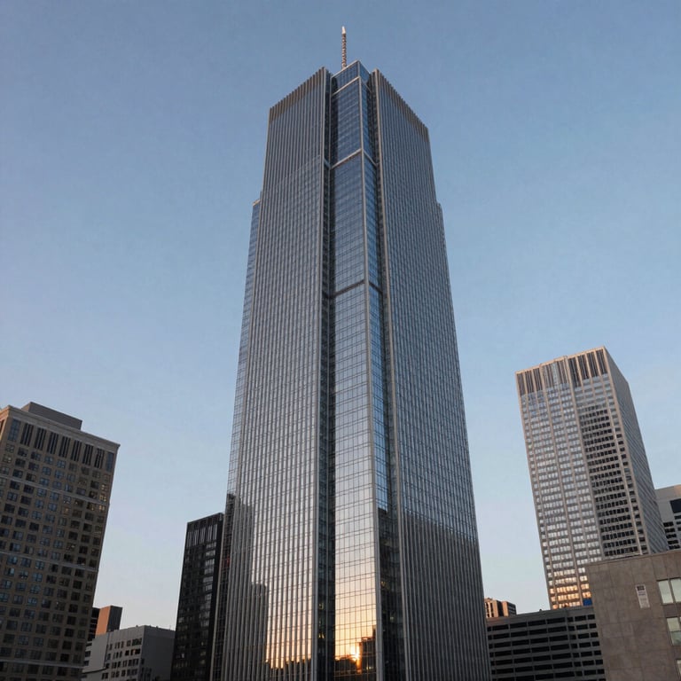 A sharp architectural photograph of an iconic financial district skyscraper under a soft dawn light.