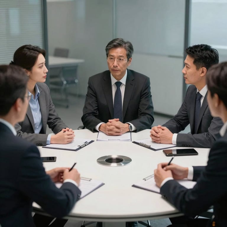 A group of business leaders having a collaborative discussion at a high-tech round table.