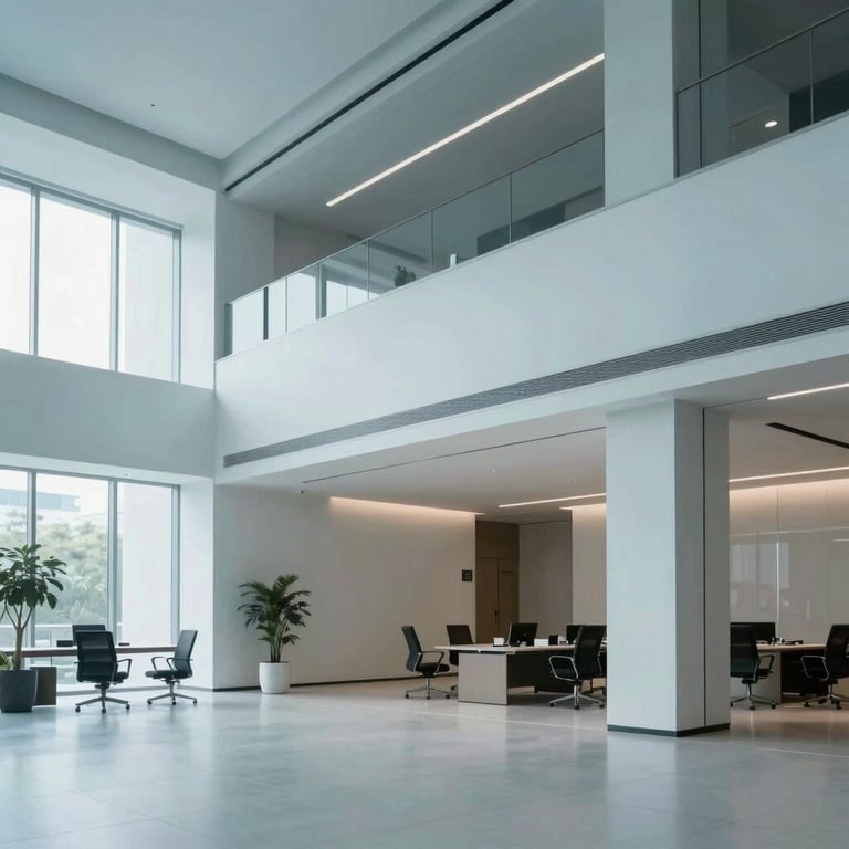 A sophisticated office lobby featuring minimalist architecture and cool light blue lighting tones.