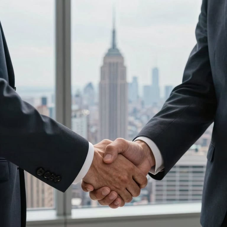 A professional close-up of a handshake between two executives in front of a window overlooking a world city.