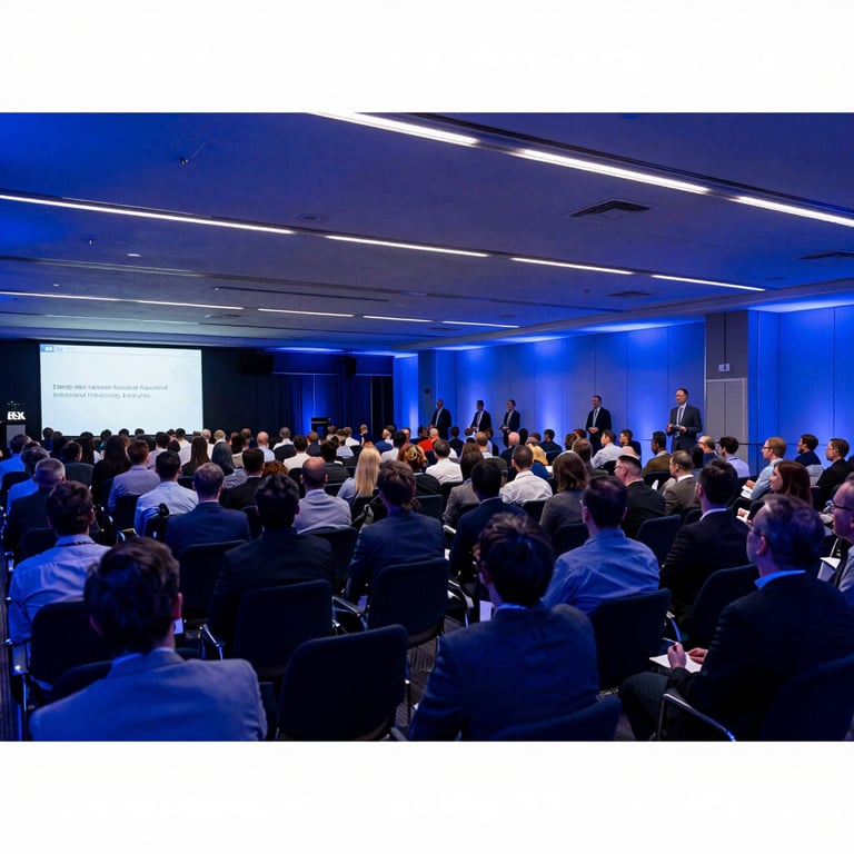 A wide shot of a crowded international business conference in a modern hall with deep blue lighting.