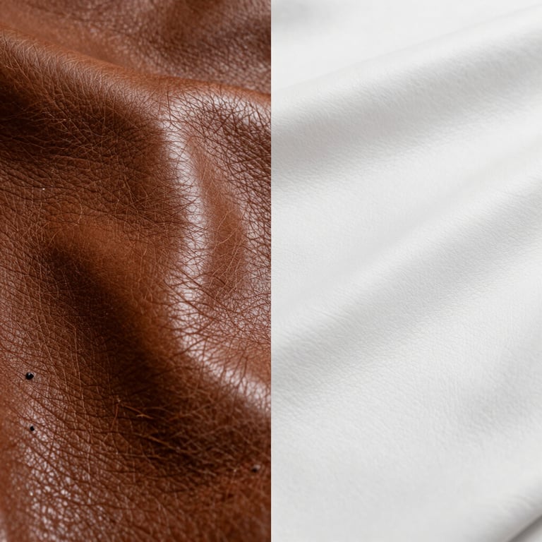 Macro split screen comparison of dirty shiny leather versus clean matte restored leather under clinical white studio light