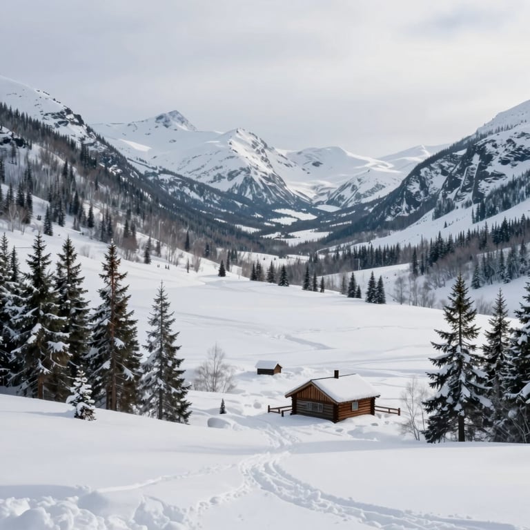 A panoramic view of a snow-covered valley in the Arctic Circle, featuring a single wooden cabin and spruce trees.