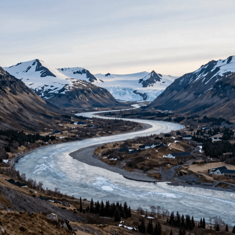 A wide shot of a frozen lake surrounded by dark pine forests under a soft blue winter sky. Professional and serene.