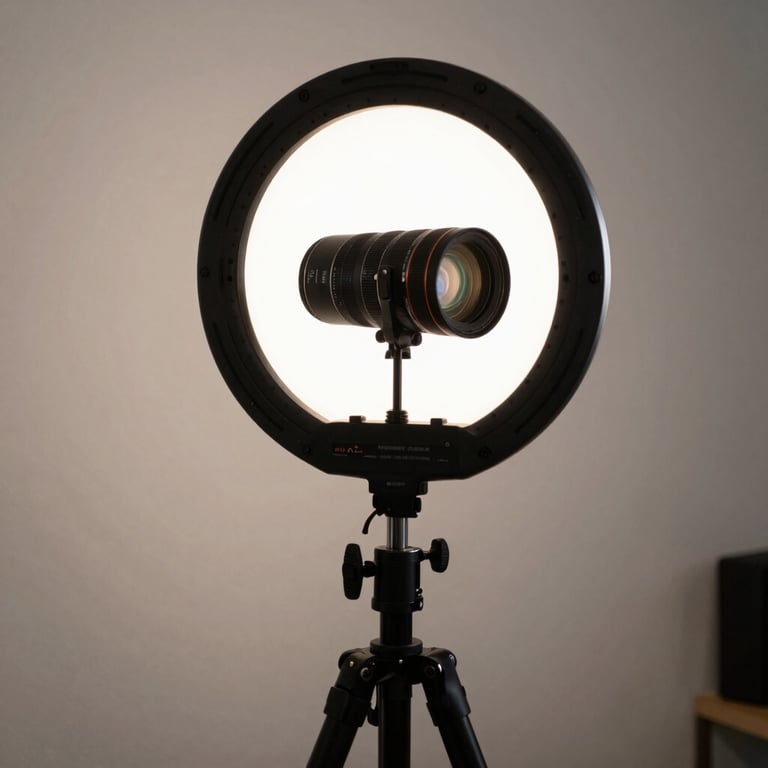 A stylish studio setup with a ring light and a tripod for high-quality UGC video production.