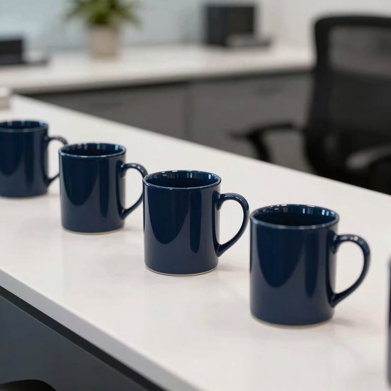 A sleek coffee station in a corporate office with minimalist deep navy blue mugs and a clean white countertop.