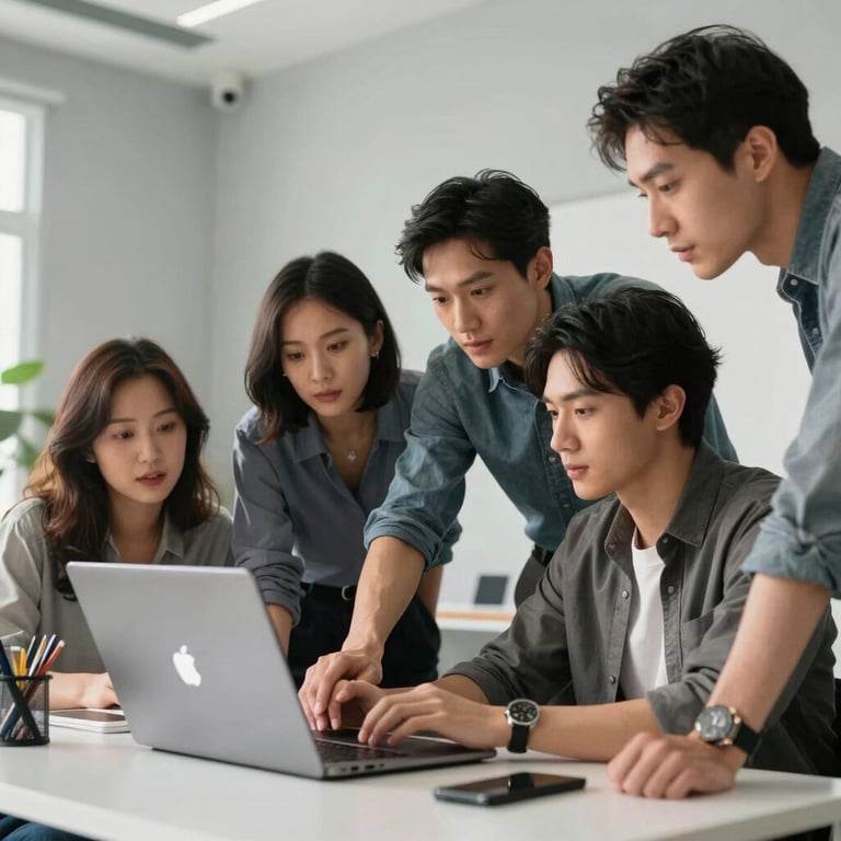 A professional creative team collaborating around a laptop in a bright, modern office with soft cloud grey walls.