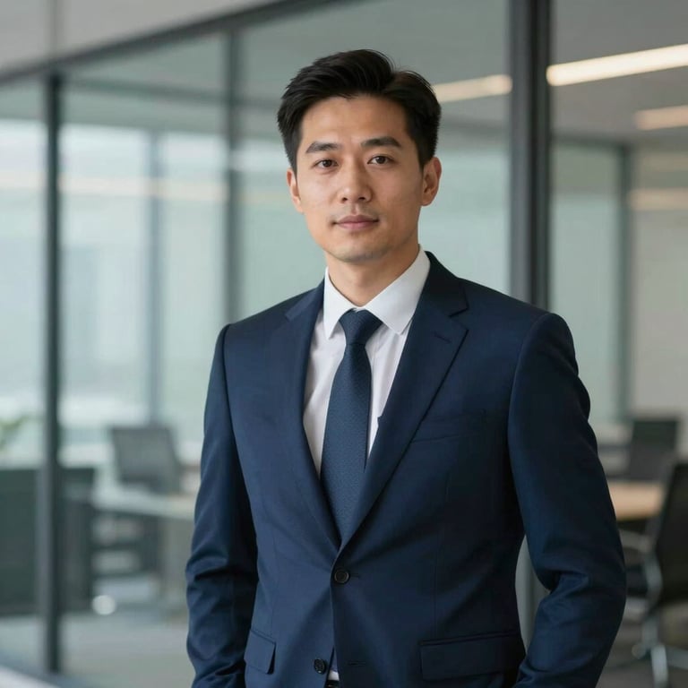 A sharp, professional portrait of a marketing executive in a deep navy blue suit in front of a glass office wall.