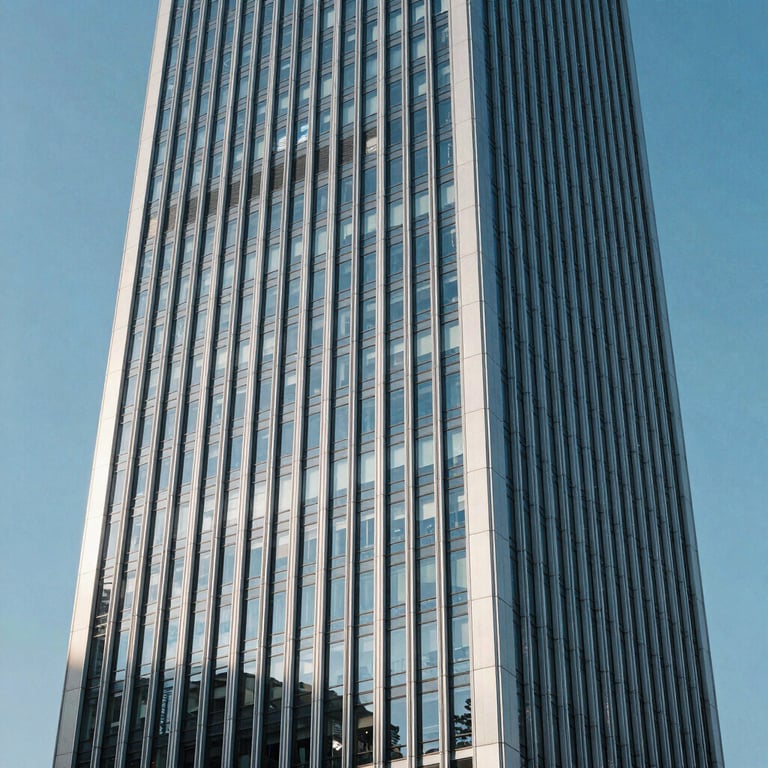 An abstract architectural shot of a modern skyscraper reflecting a clear blue sky, representing growth and scale.