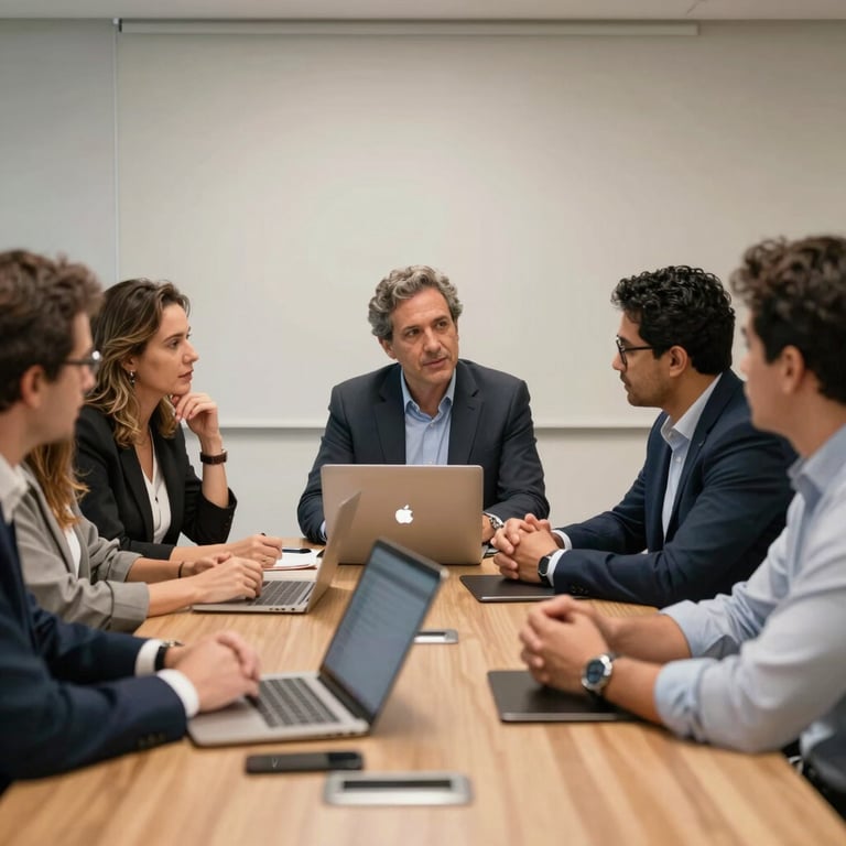 Interior shot of a Brazilian conference room where professionals in smart casual attire discuss communication software.