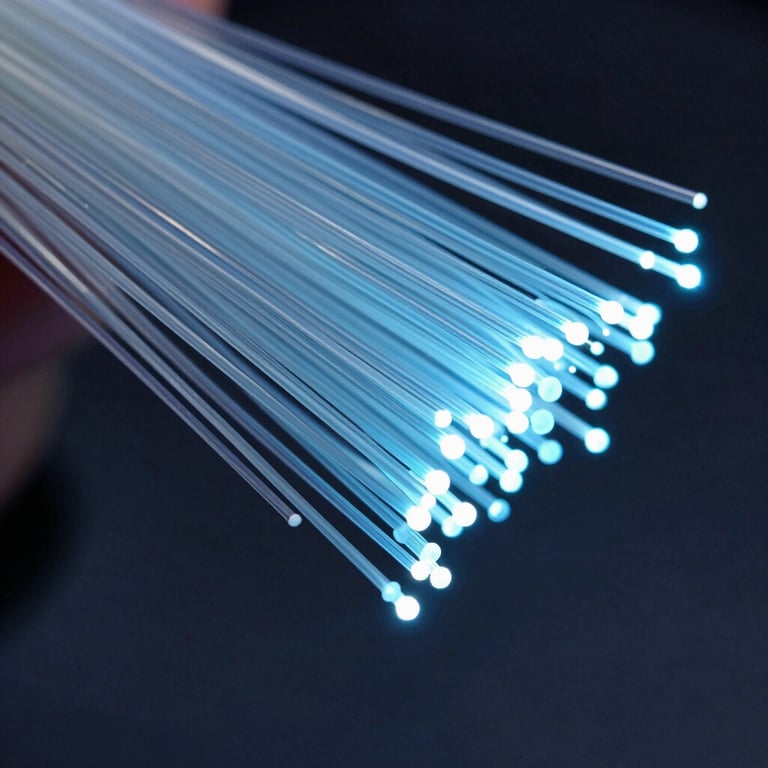 Detailed macro shot of fiber optic cables glowing with a soft Sky Blue light, representing high-speed data.
